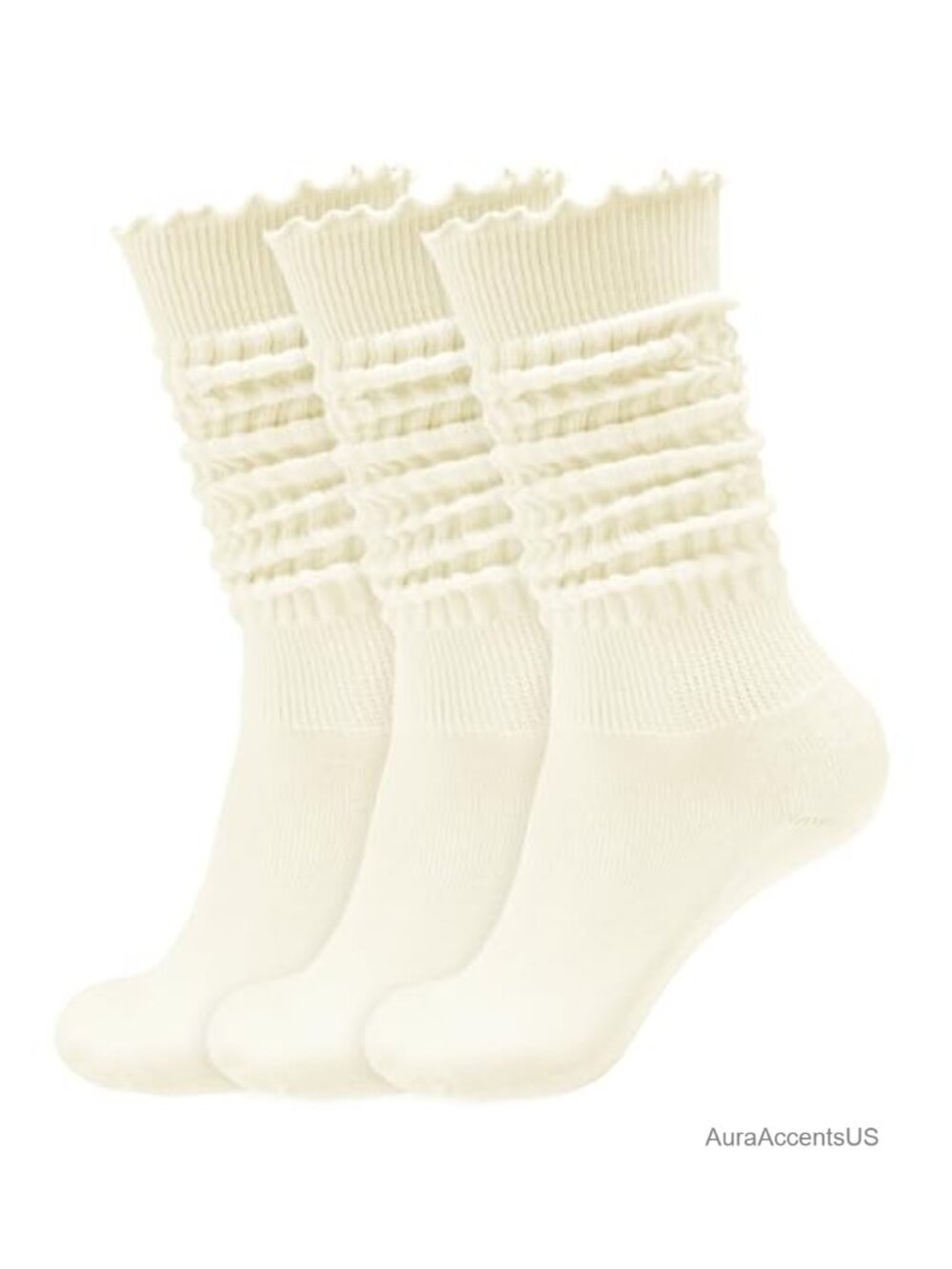 Ruffle Slouchy Cotton Blend Knee-High Socks 3 Pack Retro Frilly Scrunch